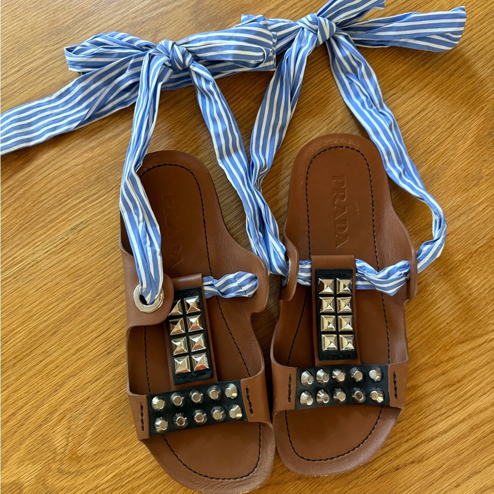 Prada Brown and Blue Striped Sandals